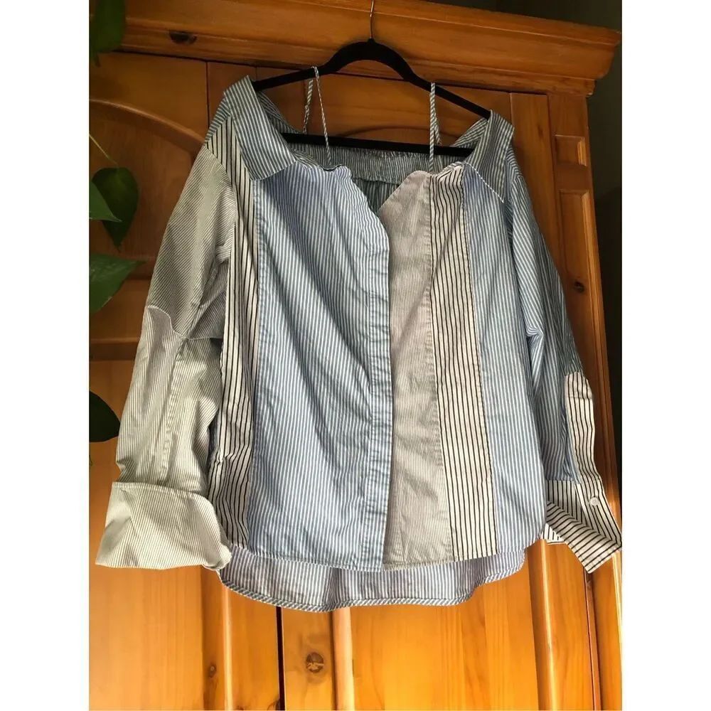 Mo & Co Fashion Striped Patchwork Cut Shoulder Shirt SZ L